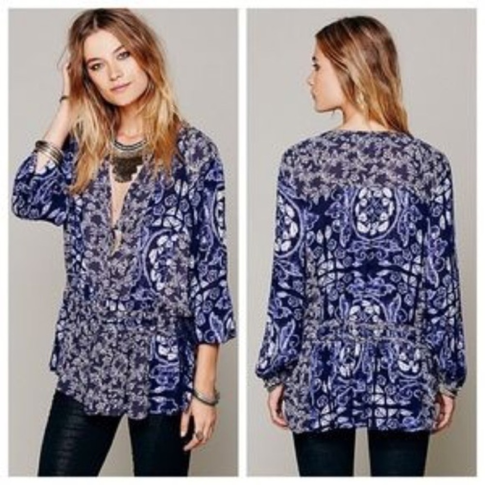 Free People Ratio Print Tunic in Indigo Combo‎ Xs